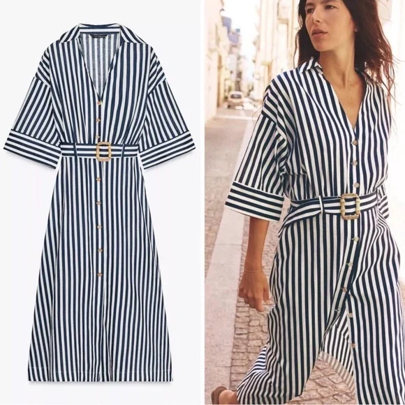 Zara Navy and White Striped Long Sleeve Dress - Picture 5 of 6